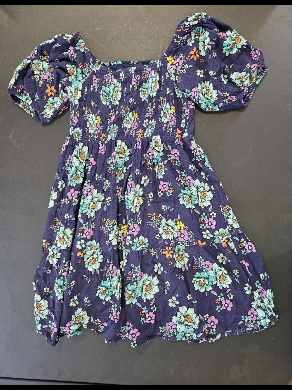 Justice Navy Floral Puff-Sleeve Dress with Aqua, Pink & Yellow Accents